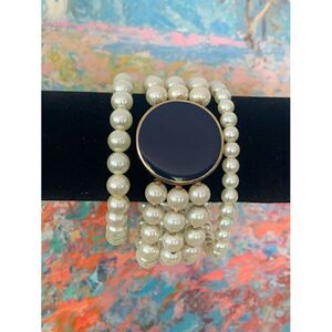 Vintage Blue cabochon and Pearl Stretch bracelets - Set of 3, Unmarked